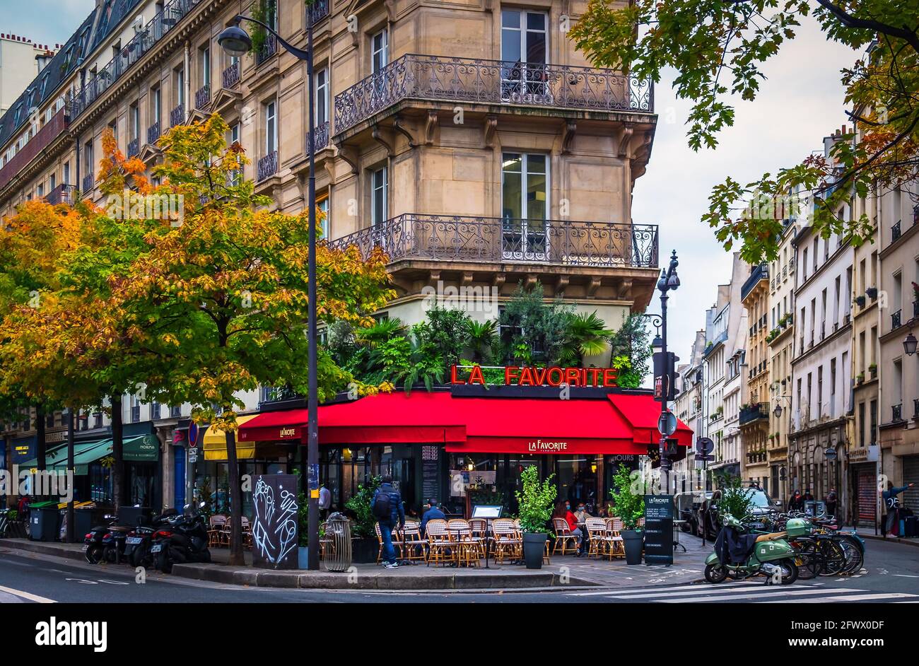 Paris, France, Fev 2020, view of 'La Favorite'a restaurant` in the 4th district of the capital Stock Photo